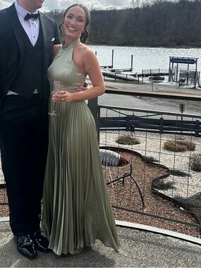 Azazie “Pistachio” Green Halter Pleated Bridesmaid Gown